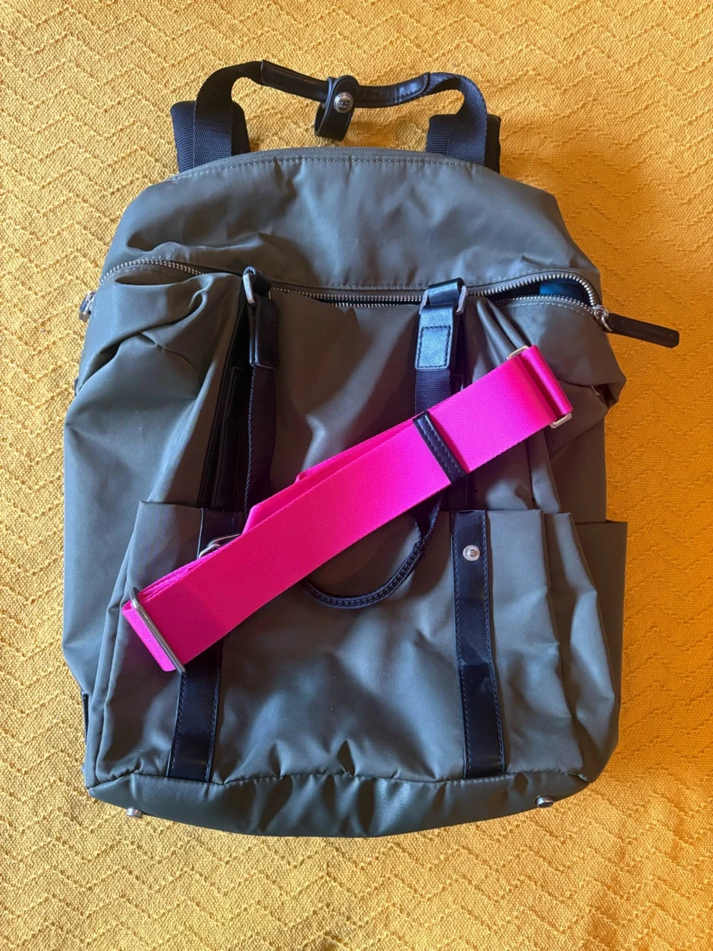 Samsonite Olive Green Backpack with Bright Pink Strap